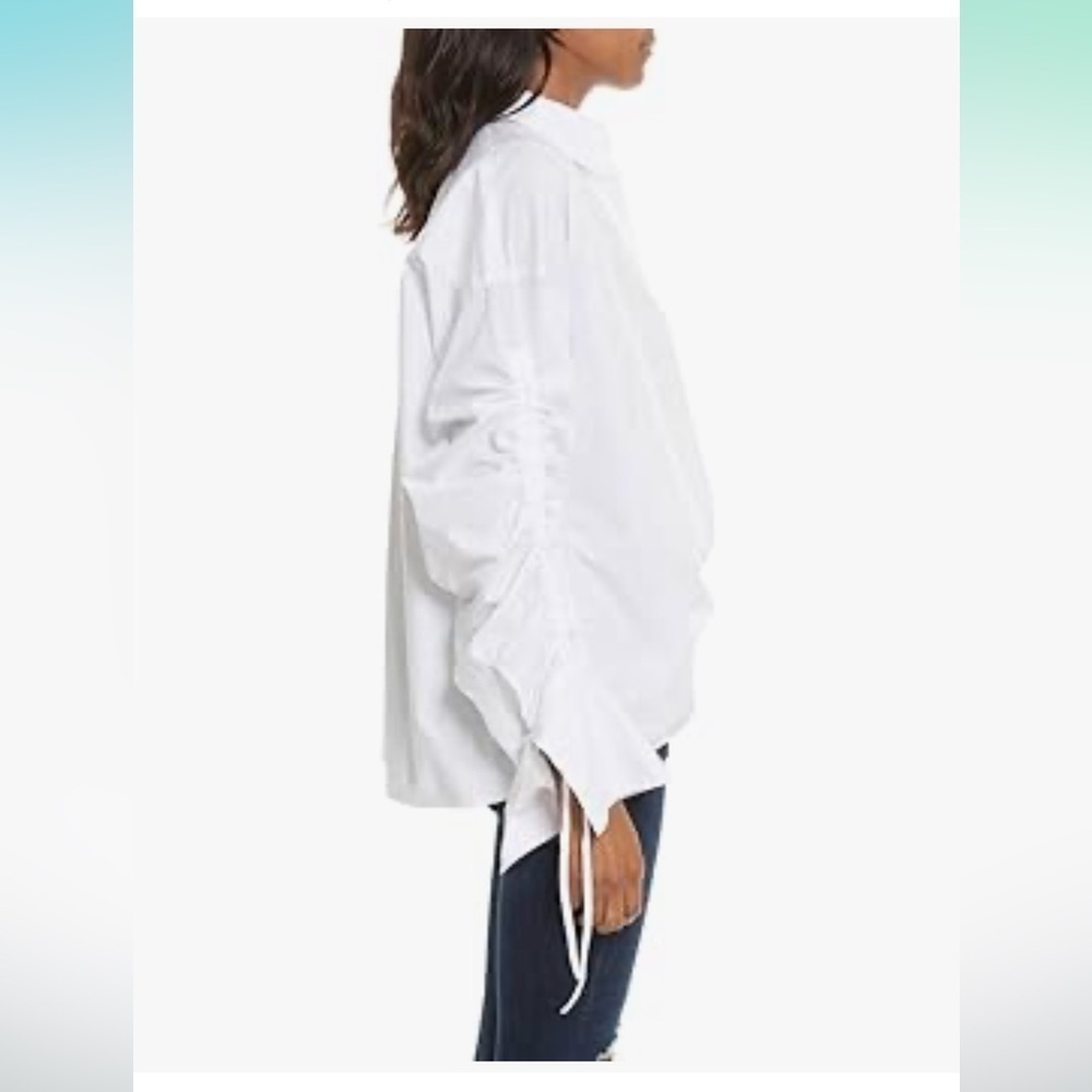 Free People Brown Eyed Girl White Poplin Boyfriend Ruched Sleeves Blouse Shirt - Picture 8 of 15